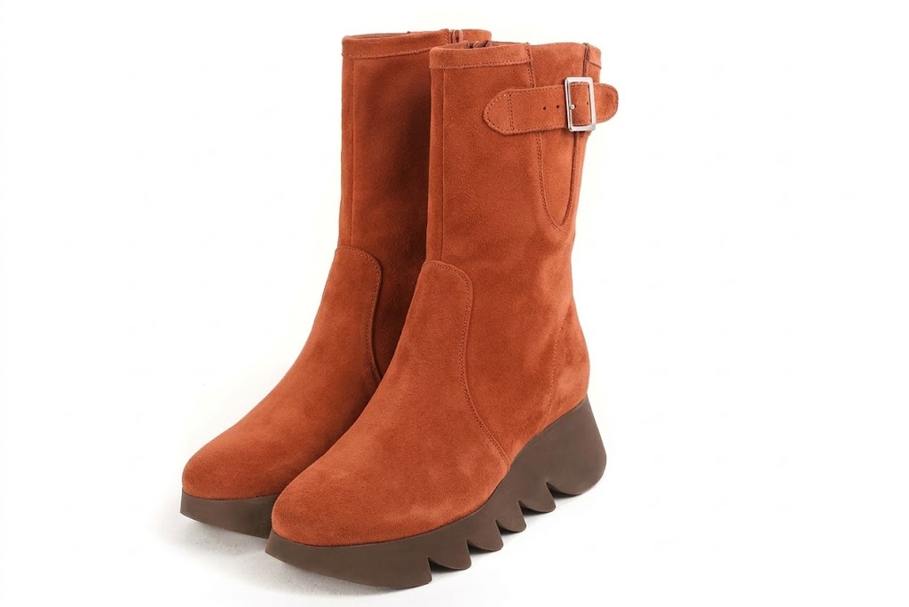 Women's terracotta inside-zip ankle boots with round toe and chunky rubber sculpted sole - Front view
